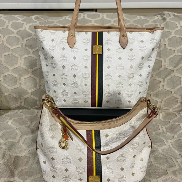 MCM White Canvas Monogram Tote with Brown Leather Trim and Yellow-Black Stripe - Picture 7 of 7